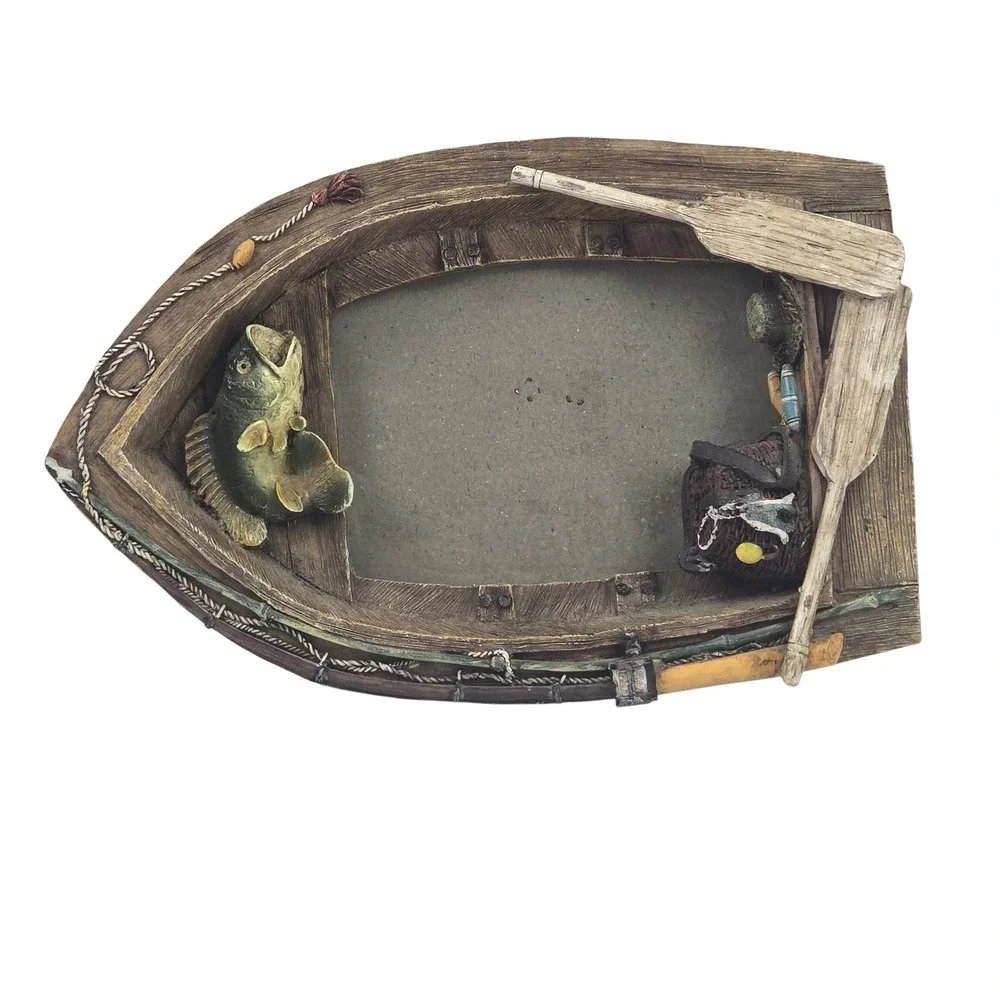 Vtg Fishing Photo Frame Resin 3D Boat Shape w Lake House Decor